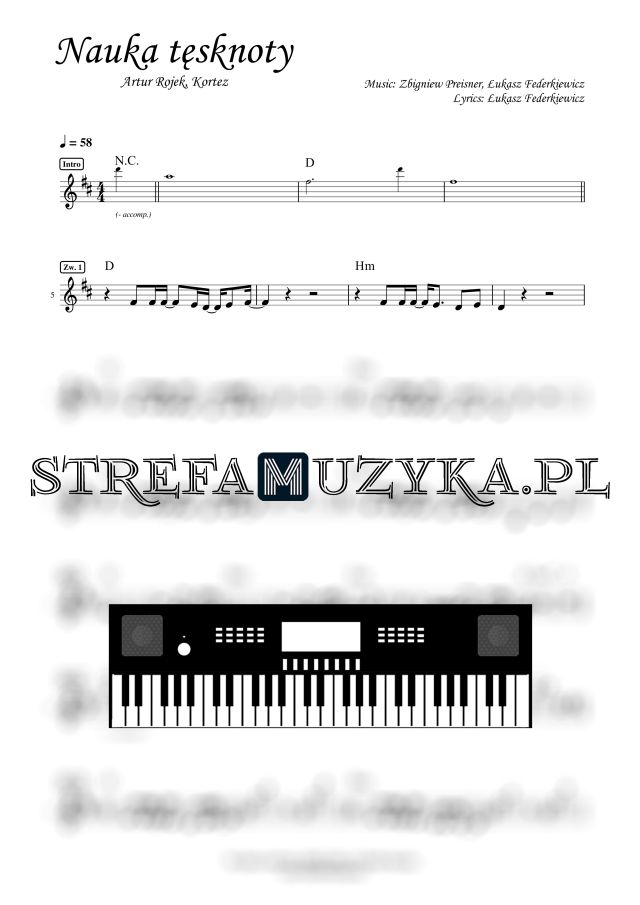 Nauka tęsknoty - Artur Rojek, Kortez nuty na keyboard